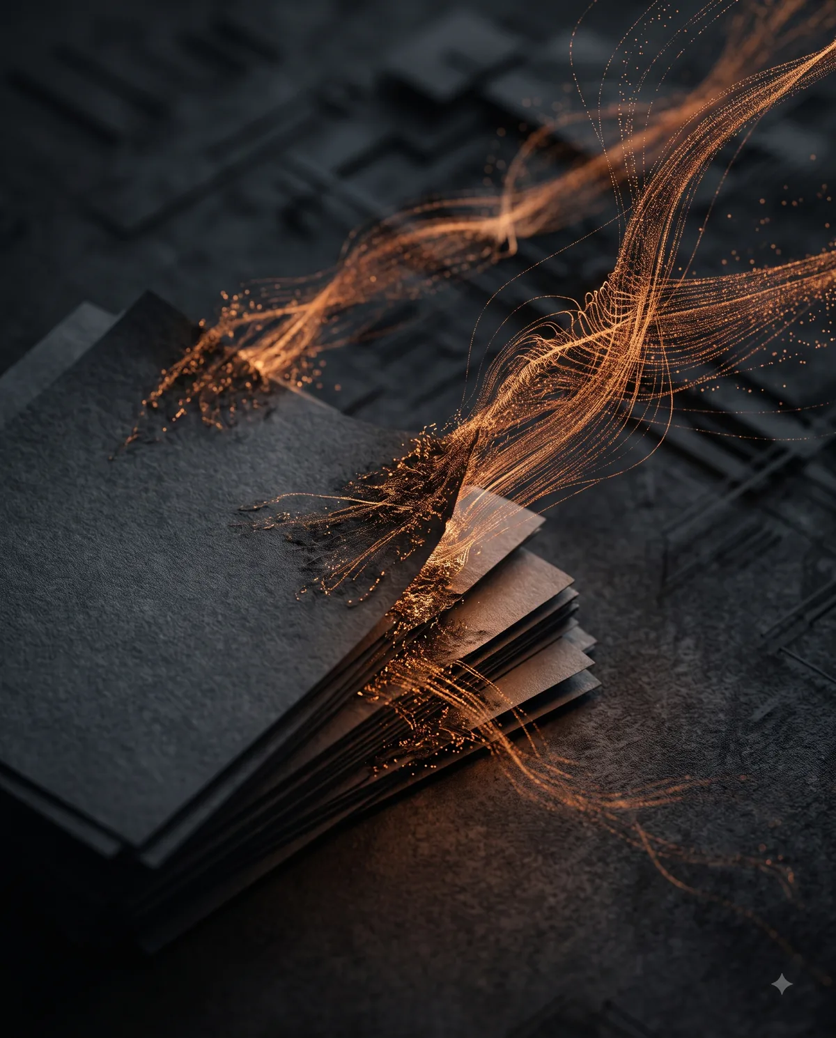 Dark documents dissolving into amber particle threads
