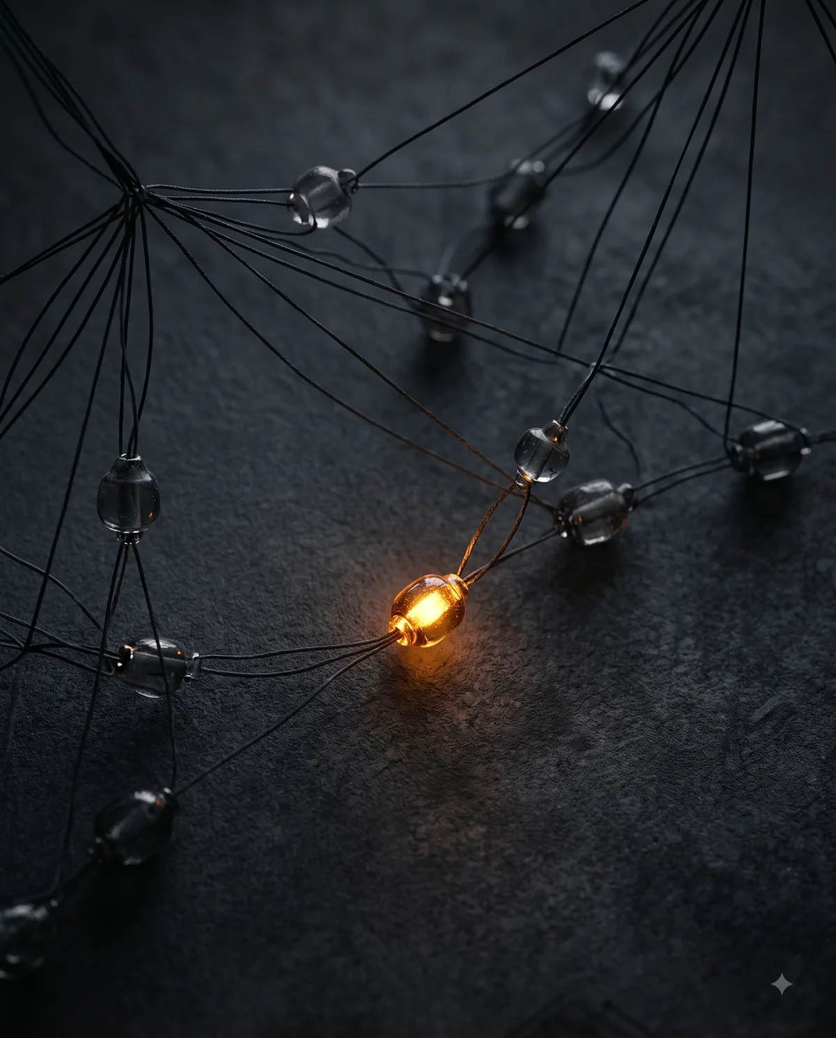A network of glass nodes with one lit warm amber