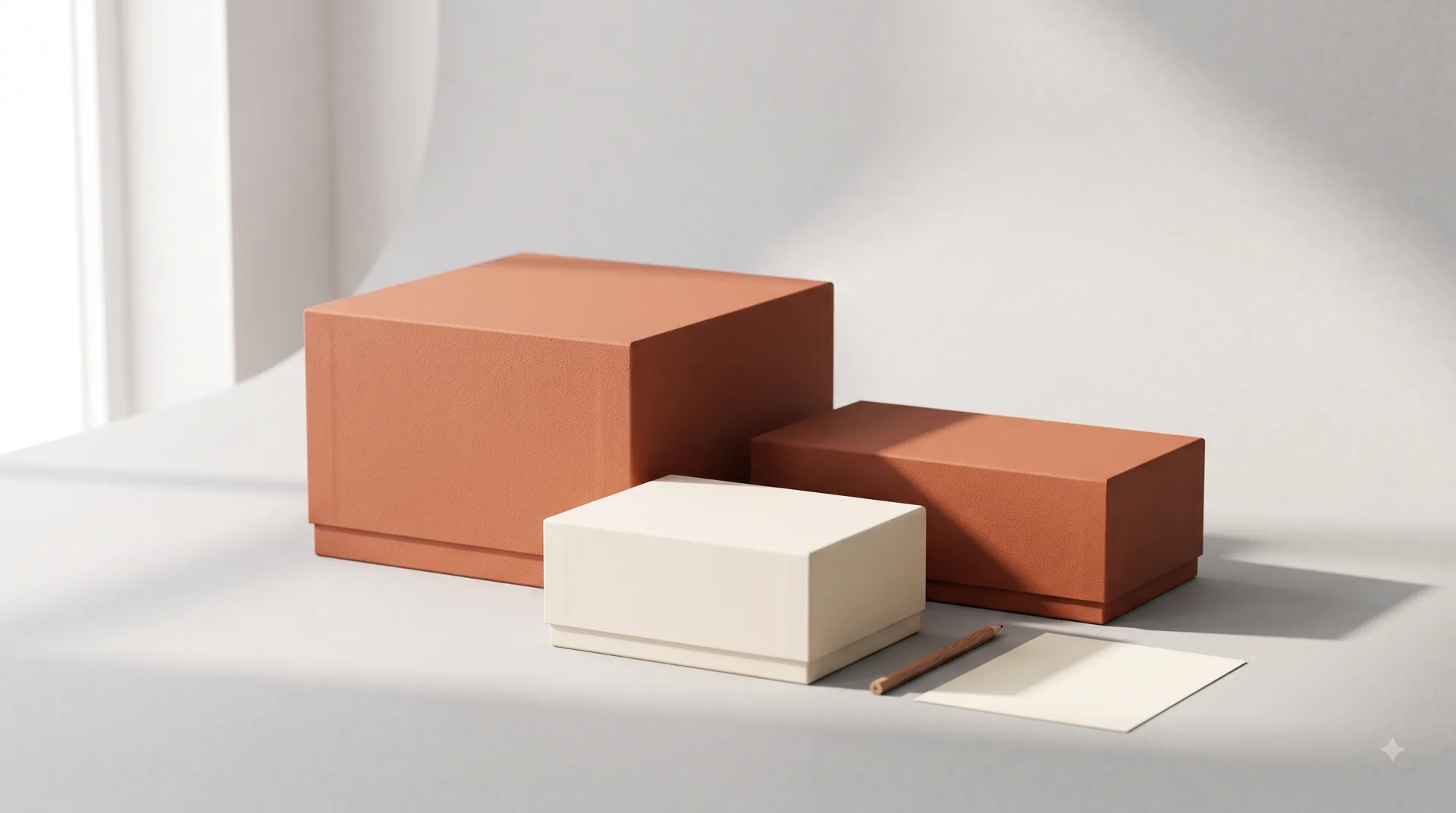 Editorial photograph of terracotta and cream packaging boxes in soft daylight