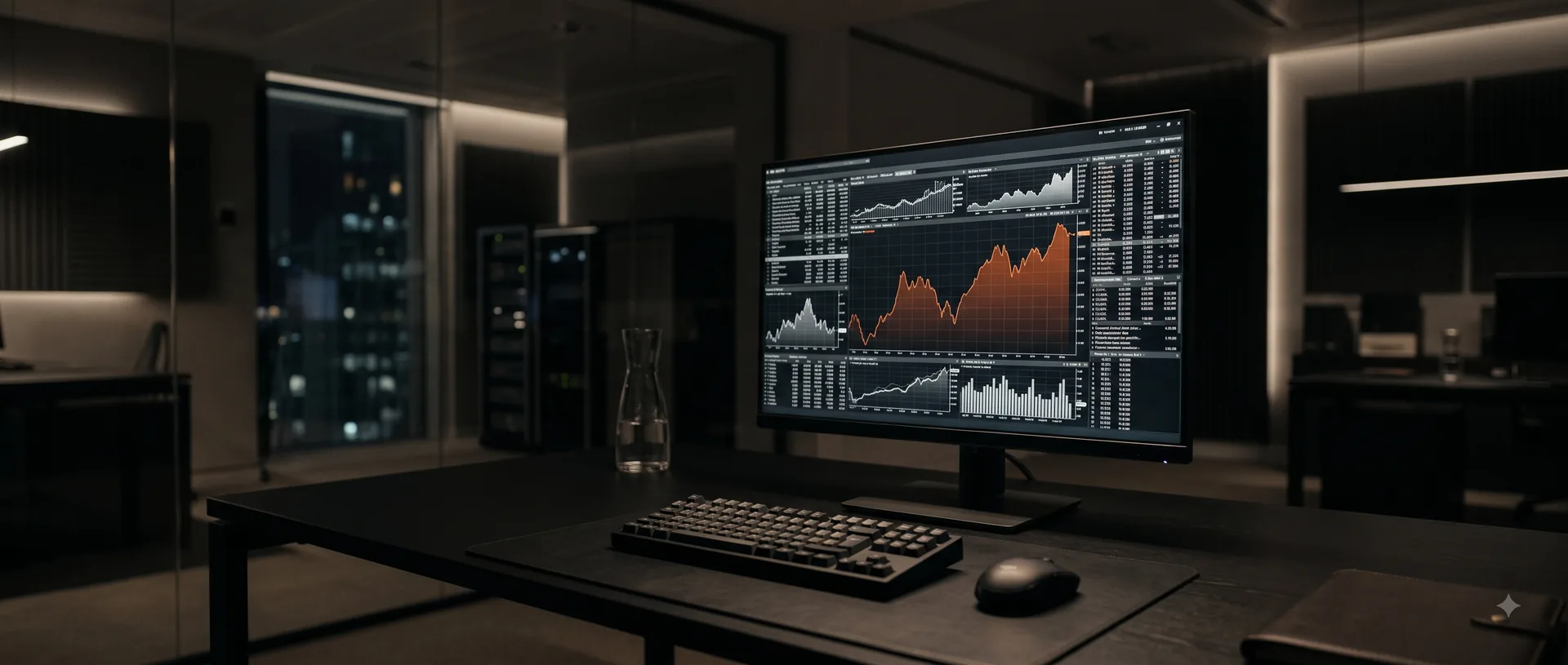 A financial intelligence terminal showing monochrome market data with a single amber line chart